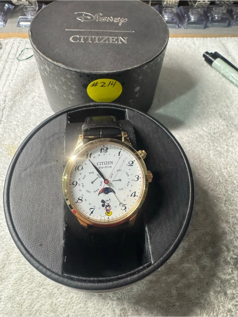 #214 Citizen Gold-Tone Case White Dial Mickey Mouse Men’s Watch with Black Strap